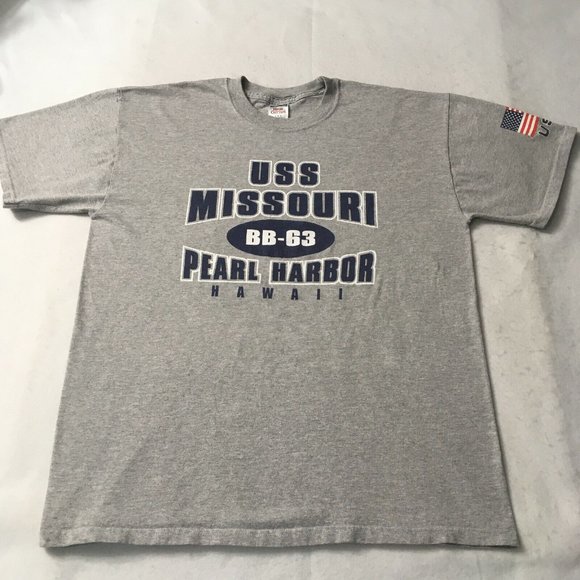 #92 Jerzees USS Missouri BB-63 Pearl Harbor Hawaii T-Shirt Men L Round Neck Gray - Picture 1 of 7
